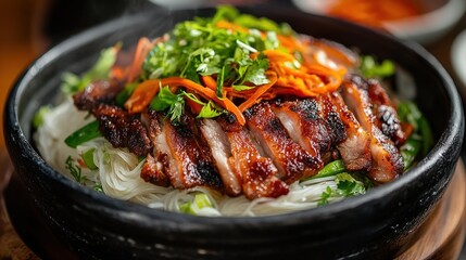 Sizzling crispy pork and vibrant veggies atop fragrant rice noodles, a mouthwatering dish full of flavor and texture, captured in rich detail