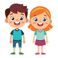 Cartoon Smiling Boy & Girl Stand Side by Side, Full Length, Cheerful, Colorful