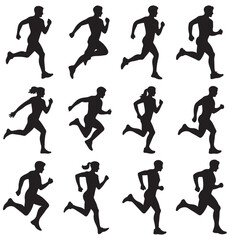 run, Running men and women, Running Men and Women Silhouettes Vector Set