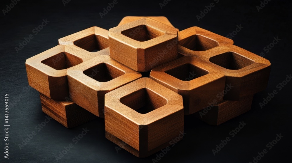 Poster wooden geometric blocks stacked on a dark surface. rich brown tones and square shapes create an abst
