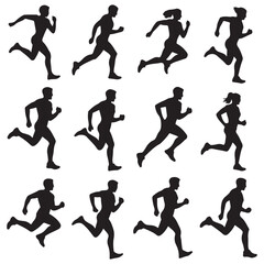 run, Running men and women, Running Men and Women Silhouettes Vector Set