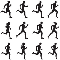run, Running men and women, Running Men and Women Silhouettes Vector Set