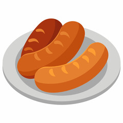 Sausages on a plate vector on white background.