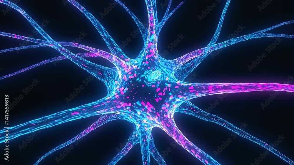 Poster neon colored neuron structure in 3d animation.