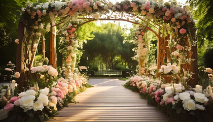 Romantic wedding archway adorned with lush pink and white flowers, creating a dreamy aisle.  Perfect for wedding invitations, blogs, or romantic event promotions.