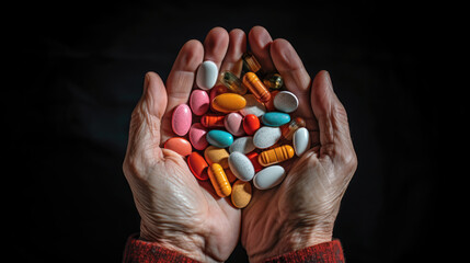 A person holds a handful of colorful pills in hands.