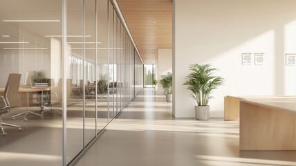 Fototapeta premium Natural sunlight illuminates a modern minimalist office space, highlighting a long corridor with glass walls leading to a bright and airy workspace, creating a clean and productive atmosphere