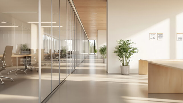Natural sunlight illuminates a modern minimalist office space, highlighting a long corridor with glass walls leading to a bright and airy workspace, creating a clean and productive atmosphere