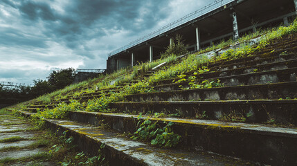 Abandoned stadium overgrown with vegetation and moss under a dramatic sky urban exploration photography