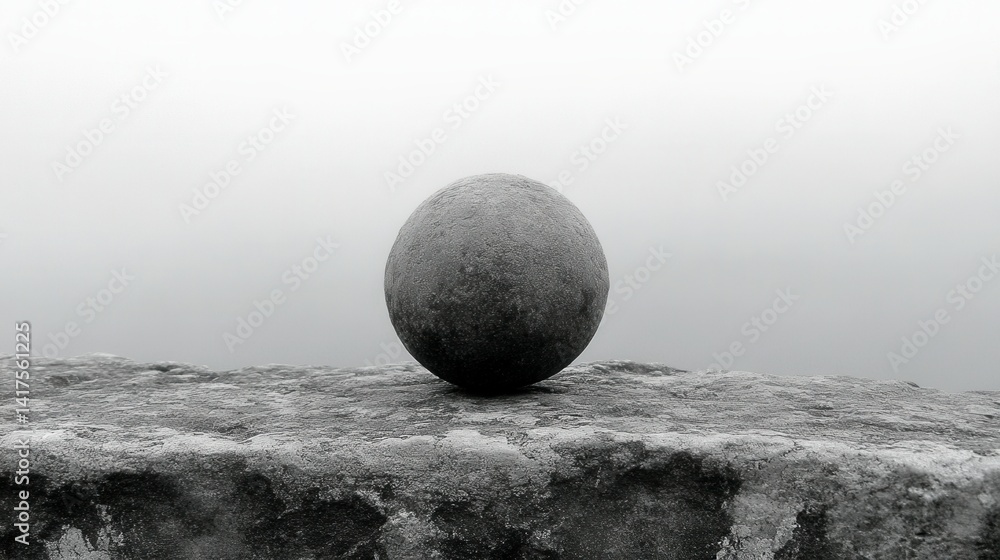 Poster monochrome close up of a textured sphere resting on a rough surface, set against a hazy background.