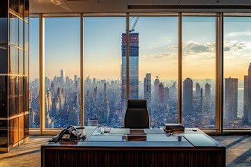 A large office with a view of the city and the buildings under construction