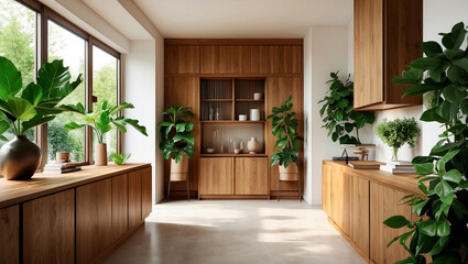 Fototapeta premium Elegant interior design with wooden cabinet and greenery