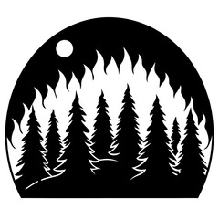 Blazing Sunset Over Forest vector silhouette black design white background