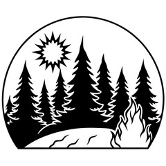 Obraz premium Blazing Sunset Over Forest vector silhouette black design white background