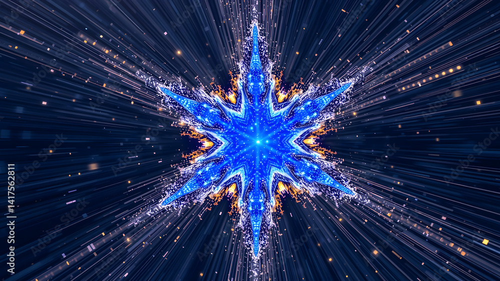 Poster abstract cosmic ai network with floating cobalt blue data nodes and star-like connections, dark spac