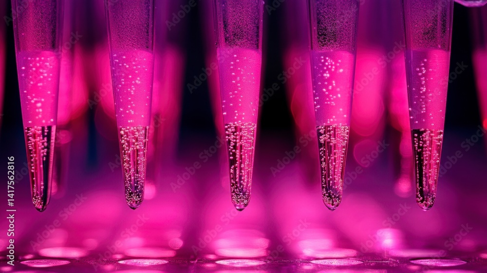 Poster close up of several purple pipette tips with droplets, illuminated by pink light, creating a vibrant