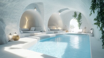 luxury swimming pool in santorini. 3d rendering