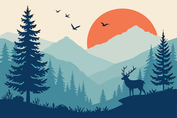 Fototapeta premium 55 Serene mountain landscape, vibrant sunset, silhouette of pine trees, misty forest, deer with antlers, birds flying, orange sun, layered mountains, blue hues, orange accents, digital illustration, m