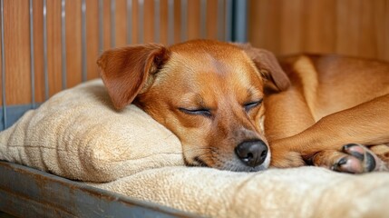 Peaceful Pup: A heartwarming image of a small brown dog soundly asleep on a soft beige pillow inside its cozy crate.
