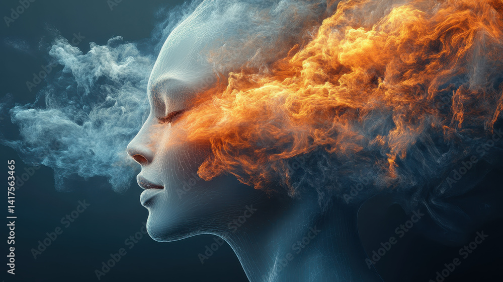 Poster close-up of a dream created by artificial intelligence featuring surreal faces and ethereal mist ill