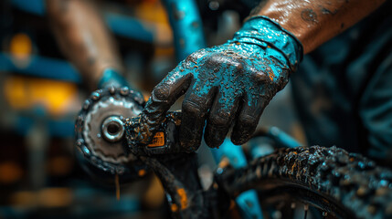 Cyclist repairs bike with muddy hands in a workshop environment during the day  bicycle, repair, cyclist, workshop, maintenance, dirt, grime, afternoon, tools, supplies, 