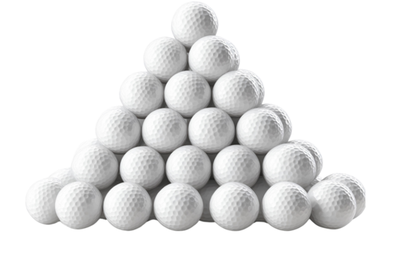 White golf balls stacked in a pyramid shape on a transparent background, PNG