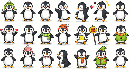 Cartoon Penguins Collection with Winter Hats and Scarves