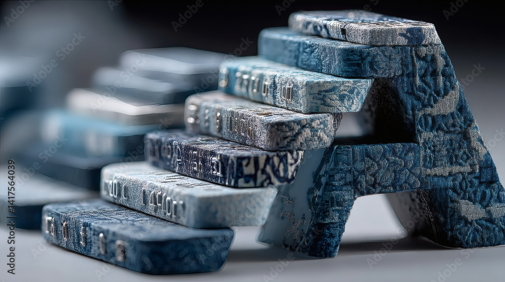 Poster artistic stacked tiles with unique textures and patterns in blue tones