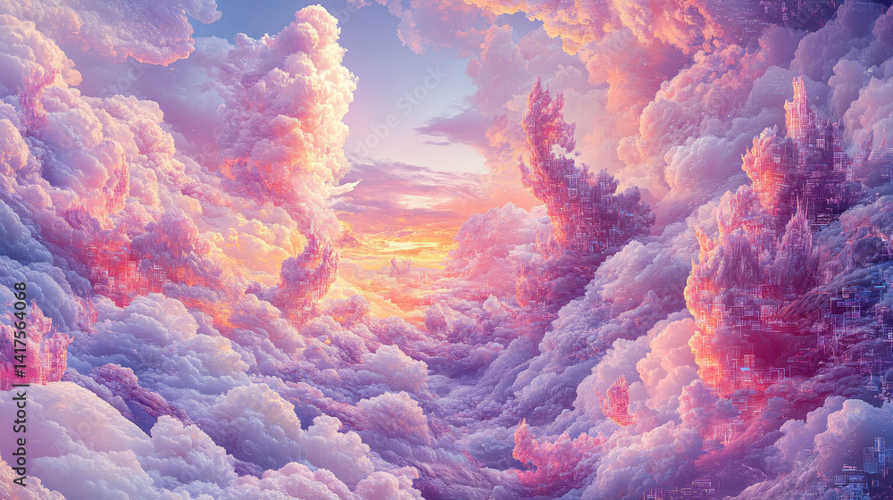 Poster dreamlike digital ocean showcasing floating data islands and electric clouds with soft coded waves d