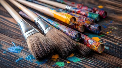 Fototapeta premium Used paintbrushes with colorful paint on wooden surface