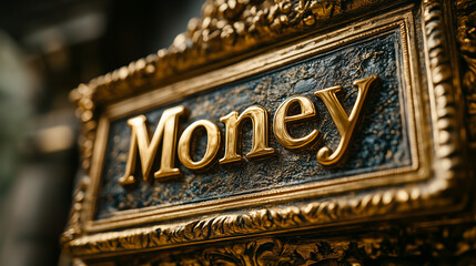 Golden inscription of money on an ornate plaque outside a financial establishment in a bustling city money, plaque, gold, financial, establishment, city, urban, commerce, craftsmanship, 