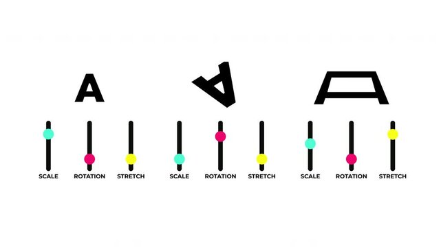 Three variations of a letter A transformed by interactive UI sliders for scale, rotation, and stretch perfect for UX, animation, or typography demos