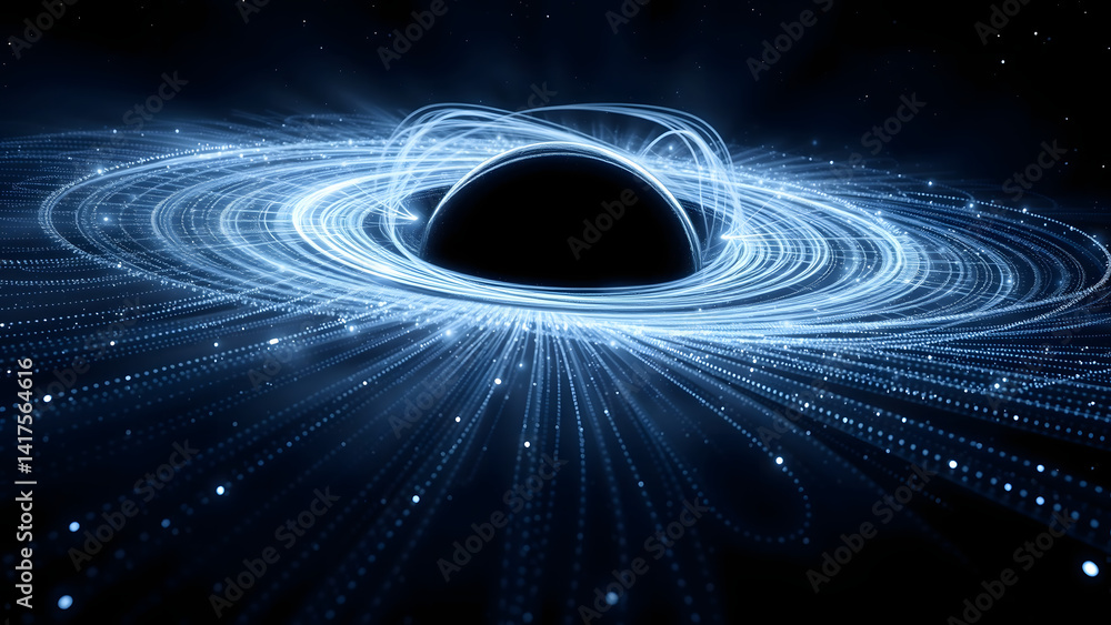 Poster black hole abstraction with cobalt accretion disk composed of streaming binary data, gravitational l