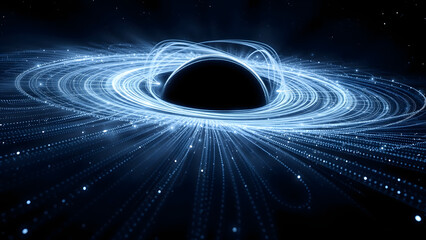 Black hole abstraction with cobalt accretion disk composed of streaming binary data, gravitational lensing effects