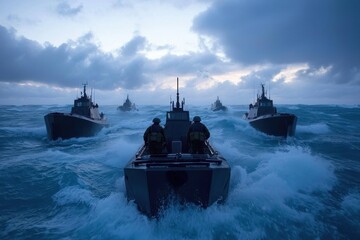 Military Boats Navigate Rough Seas in Dramatic Ocean Scene