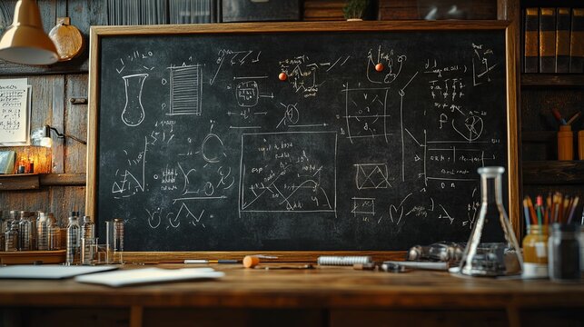 A cluttered chalkboard displays complex equations and diagrams in a vintage classroom setting.