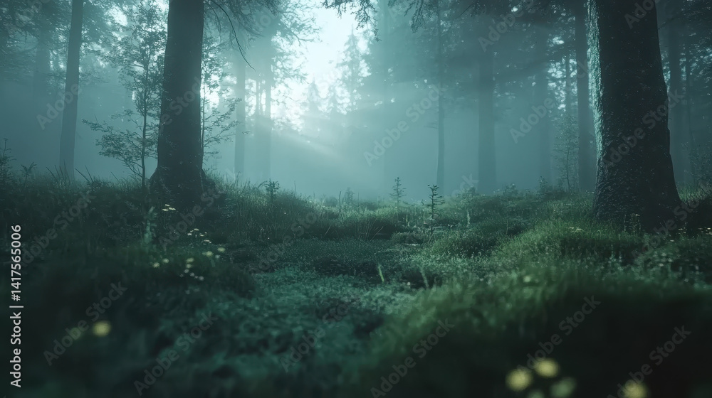 Poster silent forest whispers through fog with soft rays of light, creating an ethereal atmosphere in untou