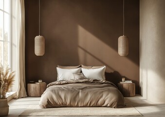 Modern, warm bedroom with natural light and hanging lamps