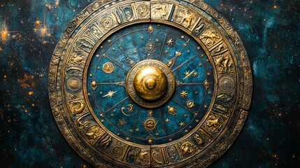 Naklejka premium Ornate celestial calendar depicting zodiac signs and constellations.