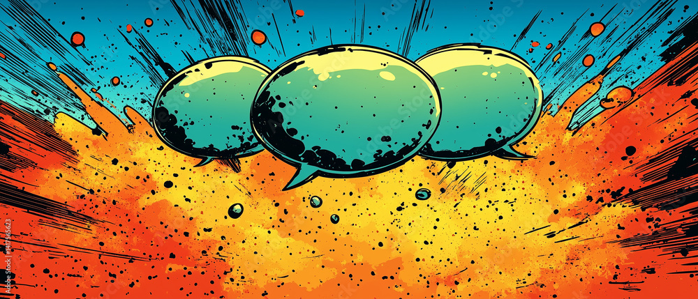 Poster dynamic explosion of speech bubbles conveying vibrant creativity and communication in a colorful set