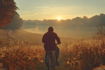 Fototapeta premium A tranquil morning bike ride through a golden field. Sunrise paints a serene landscape