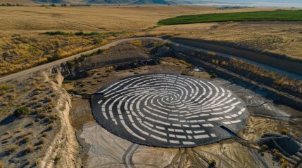 Large spiral fingerprint art installation in landscape