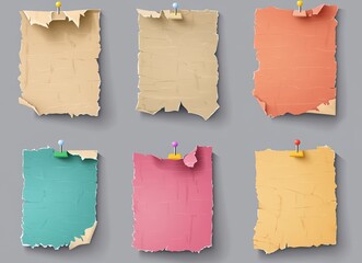 set of colorful ripped notebook paper notes with torn edges and pins on grey background