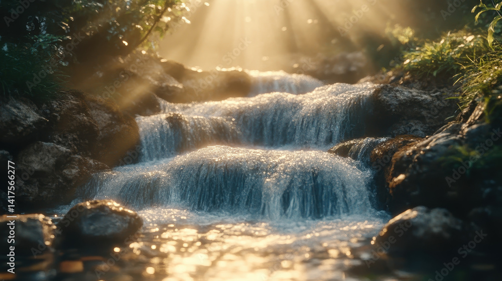Poster forgotten waterfall glows with ambient light streams and soft mist in a tranquil forest setting at d