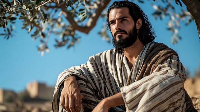Apostle Bartholomew seated beneath a tree in soft daylight