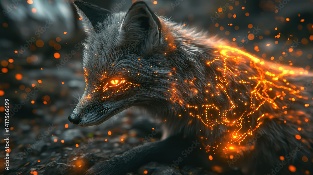 Aufkleber close-up view of a mystical fox illuminated with glowing circuit patterns and pulsating electric sig