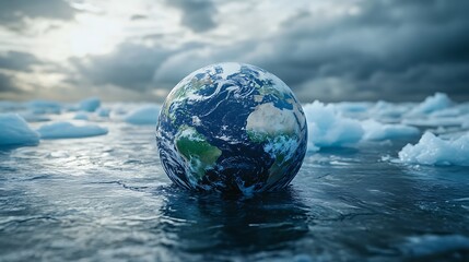 Floating Earth globe in icy waters surrounded by melting icebergs under dramatic cloudy sky symbolizing climate change and environmental challenges