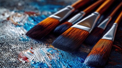 Fototapeta premium Artist paintbrushes on canvas with vibrant color