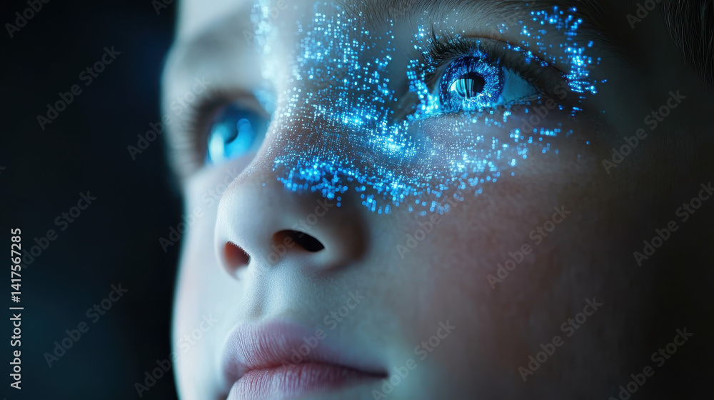 Poster futuristic ai hologram comforts child through emotionally intelligent interaction with gentle colors