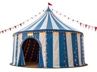 Colorful circus tent with striped design and decorative lights